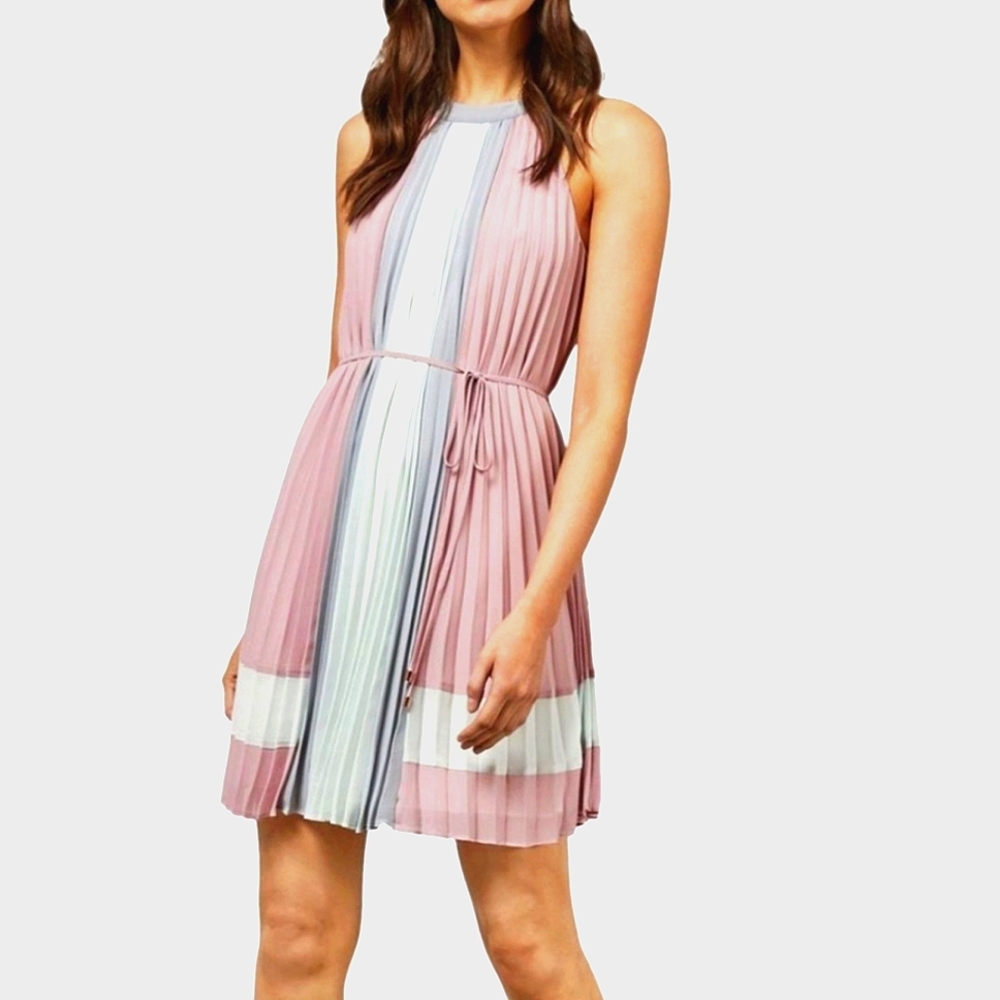 TED Baker Elegant Pink and White Pleated Dress